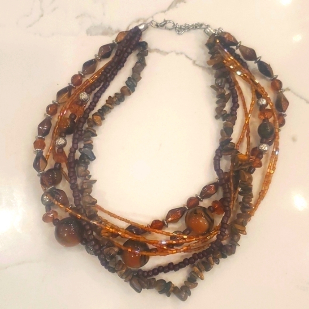Vintage Tigers Eye Gemstone, Glass and Acrylic Handmade Statement Necklace